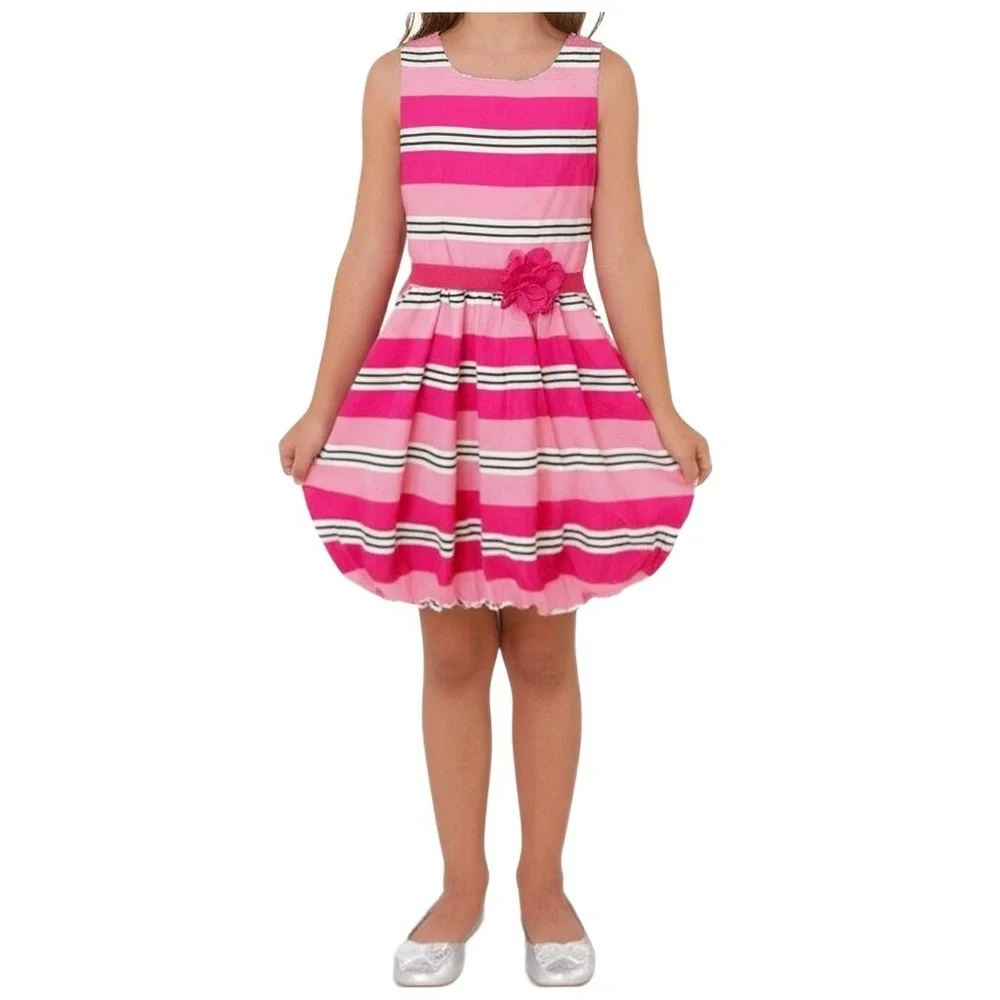 The Childrens Place Striped Bubble Hem Dress Girls Size 10 Pink Flower Belt